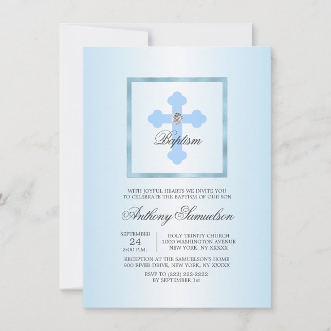 Custom Blue Cross Baptism Christening BOY + POEM Invitation (Front)