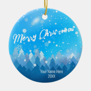 Custom Blue Crystal Snow & Forest Merry Christmas Ceramic Tree Decoration