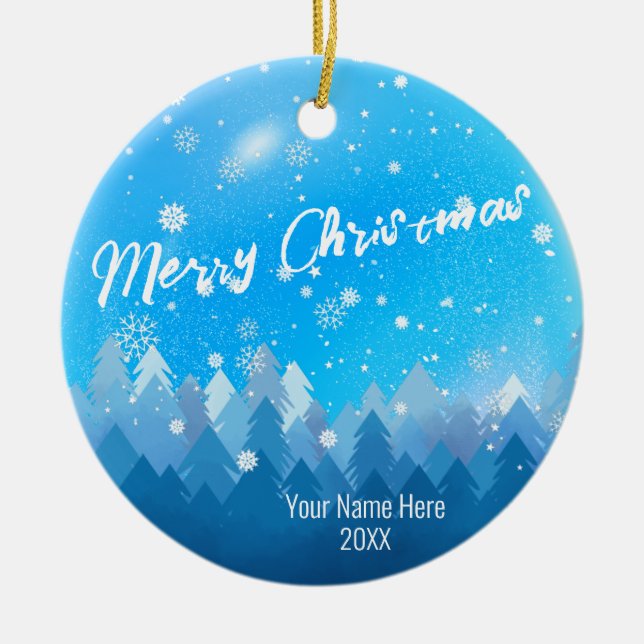 Custom Blue Crystal Snow & Forest Merry Christmas Ceramic Tree Decoration (Front)