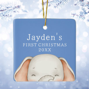 Custom Blue Cute Elephant Baby Boy First Christmas Ceramic Ornament
