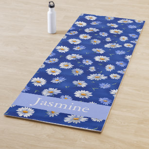 Custom Blue Daisy Watercolor Floral Pattern Yoga Mat
