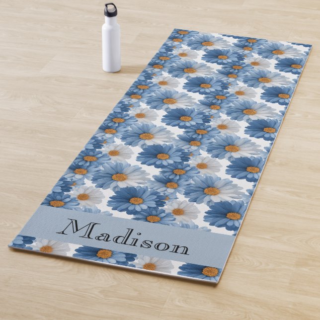 Custom Blue Daisy Watercolor Floral Pattern Yoga Mat (In Situ)