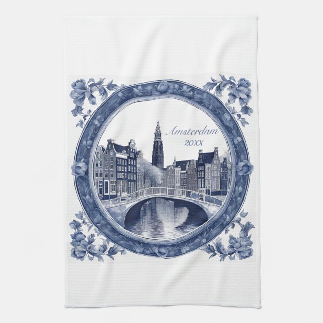 Custom Blue Delft Amsterdam Souvenir Tea Towel (Vertical)