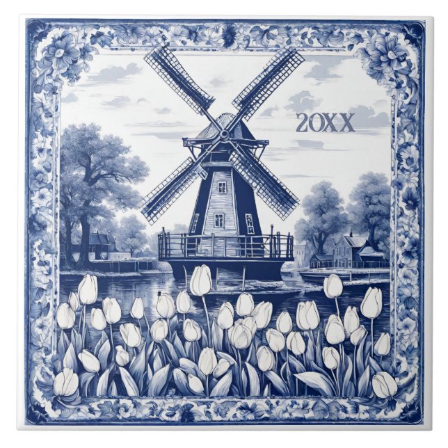 Custom Blue Delft Holland Windmill  Tile (Front)