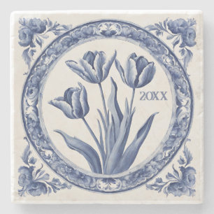 Custom Blue Delft Tulips Souvenir Stone Coaster