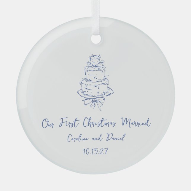 Custom Blue Doodle Cake First Christmas Married Glass Tree Decoration (Front)