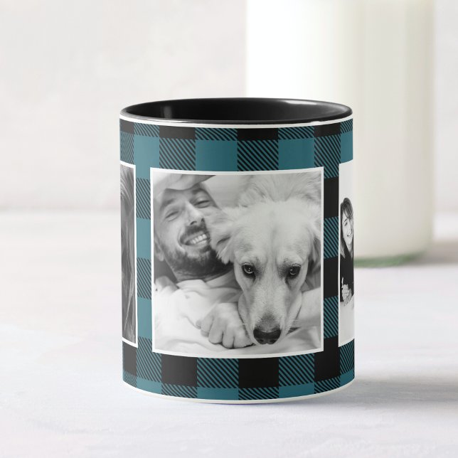Custom Blue Family Kid Photo Buffalo Plaid Pattern Mug (Creator Uploaded)