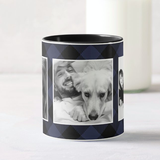Custom Blue Family Photo Buffalo Plaid Pattern Mug (Creator Uploaded)