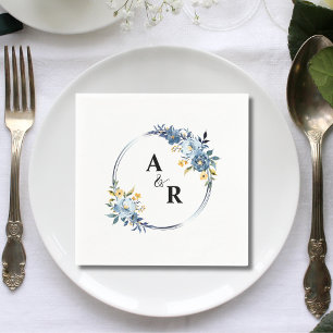 Custom Blue Floral Botanical Monogram Wedding Napkin