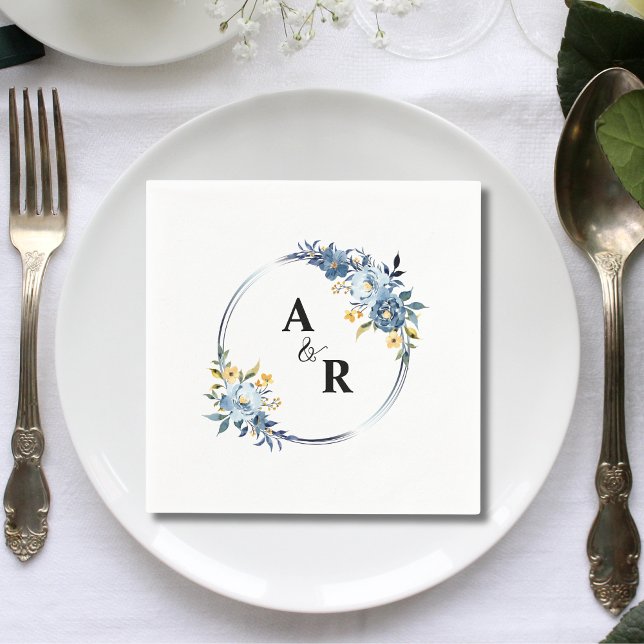 Custom Blue Floral Botanical Monogram Wedding Napkin (Custom blue floral botanical monogram wedding napkins add elegant personalized charm to receptions.)