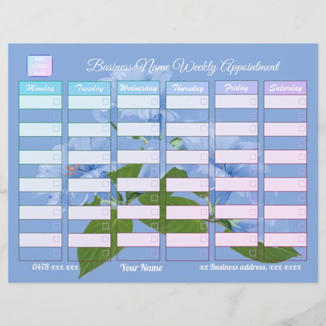 Custom Blue Floral Business Weekly Appointment Letterhead (Back)