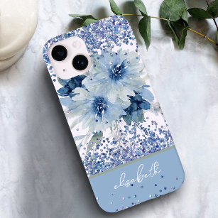 Custom Blue Floral Glitter Personalised Name Case-Mate iPhone 14 Case
