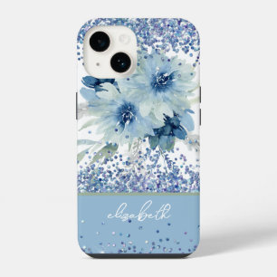 Custom Blue Floral Glitter Personalised Name iPhone 14 Case