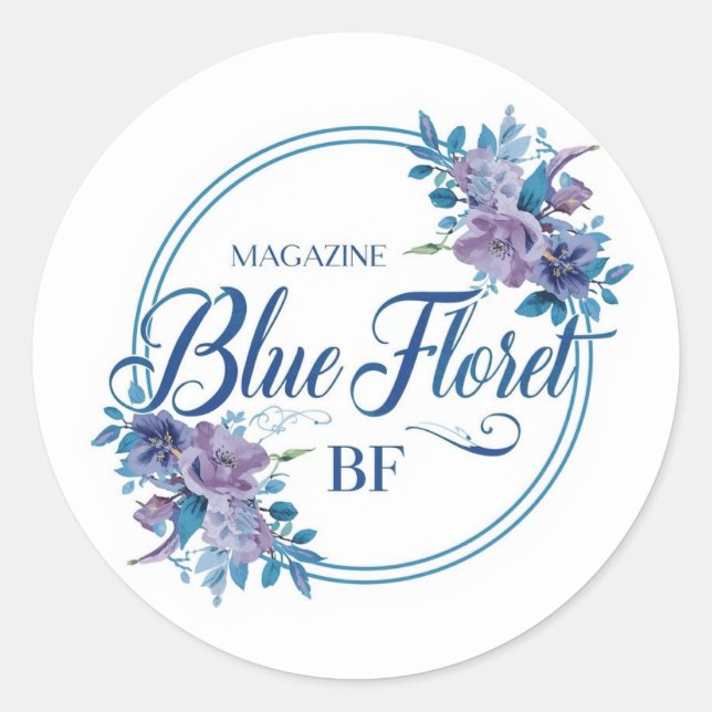 Custom Blue Floral Logo Sticker – Elegant Round  (Front)