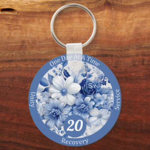 Custom Blue Floral Recovery Milestone Gift Key Ring
