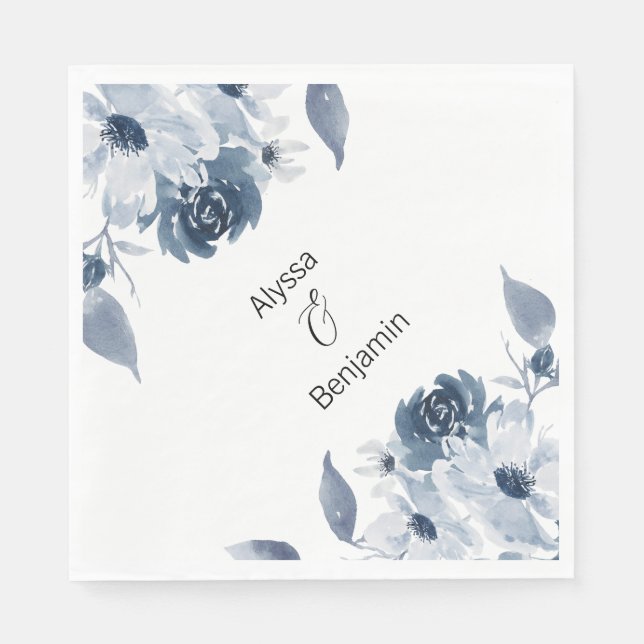 Custom Blue Floral Watercolor Wedding Napkin (Front)
