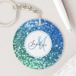 Custom Blue Glitter Mermaid Monogrammed Name Key Ring<br><div class="desc">Easily personalise this beautiful sparkly blue faux glitter keychain with your custom monogram and name.</div>