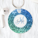 Custom Blue Glitter Mermaid Monogrammed Name Key Ring<br><div class="desc">Easily personalise this beautiful sparkly blue faux glitter keychain with your custom monogram and name.</div>