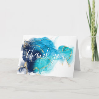 Custom Blue Gold Alcohol Ink Thank You Card