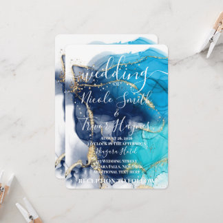 Custom Blue Gold Alcohol Ink Wedding Invitation