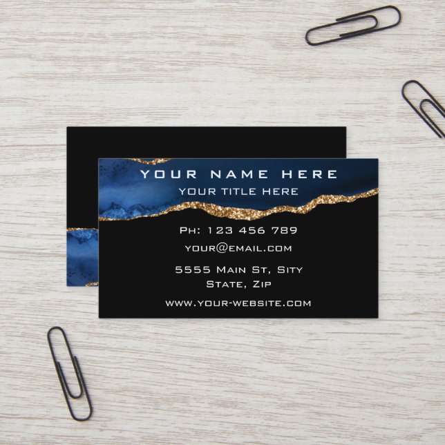 Custom Blue Gold Black Business Card Template (Front/Back In Situ)