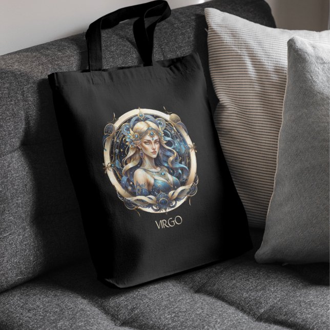 Custom Blue Gold Celestial Virgin Fantasy Virgo Tote Bag (Creator Uploaded)