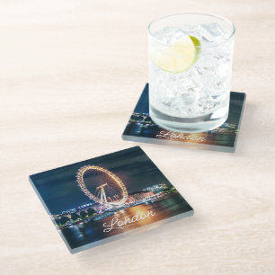 Custom Blue Gold Cityscape Night Travel London Glass Coaster