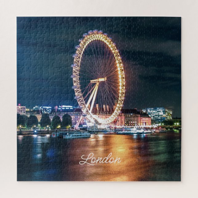Custom Blue Gold Cityscape Night Travel London Jigsaw Puzzle (Vertical)