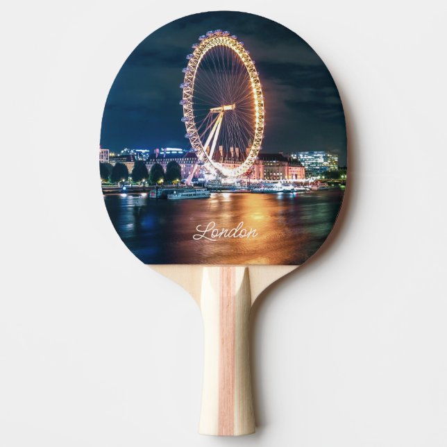 Custom Blue Gold Cityscape Night Travel London Ping Pong Paddle (Front)