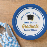 Custom Blue Gold Graduate 2024 Graduation Party Paper Plate<br><div class="desc">These modern blue and gold custom graduation party plates feature classy typography of your university or college name for the class of 2024. Customise with your graduating year next to the chic handwritten script and black grad cap for great personalised congratulations graduate party decor.</div>