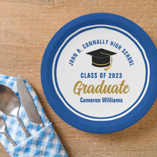 Custom Blue Gold Graduate 2025 Graduation Party Paper Plate