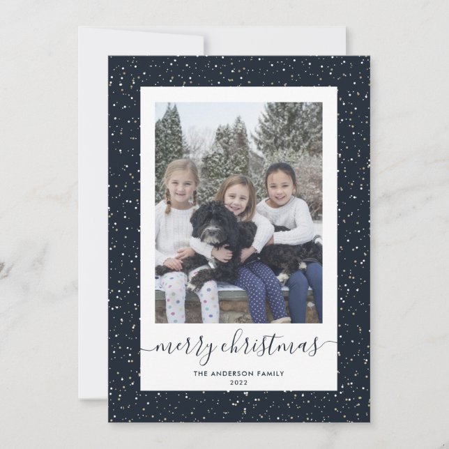Custom Blue Gold Snowy Photo Merry Christmas Cards (Front)