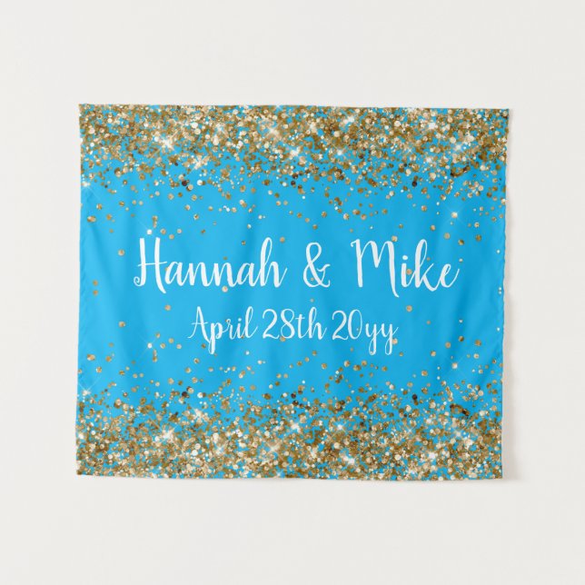 Custom Blue Gold Wedding Backdrop Photo Booth Prop Tapestry (Front (Horizontal))