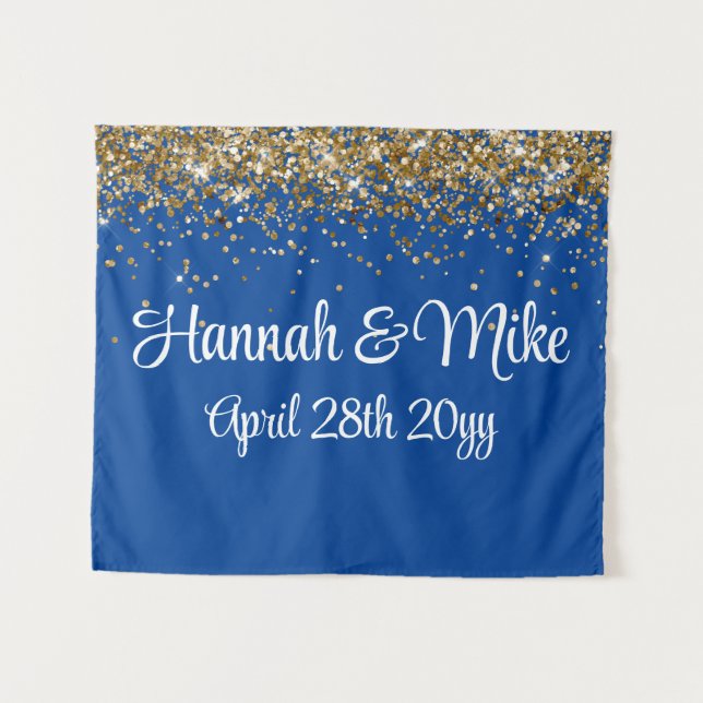 Custom Blue Gold Wedding Backdrop Photo Booth Prop Tapestry (Front (Horizontal))
