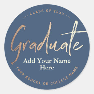 Custom Blue Graduate Name, College, Class of, Year Classic Round Sticker