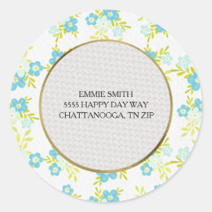 Custom Blue Green Floral Leaves Return Address Classic Round Sticker