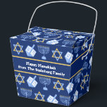 Custom Blue Hanukkah Pattern Fortune Party Favour Box<br><div class="desc">Beautiful Hanukkah party fortune favor box in pretty blue with a cool pattern of Judaism star,  dreidel for fun Chanukah games,  and the Jewish menorah for the holiday. Monogram with your own gift message from your family.</div>