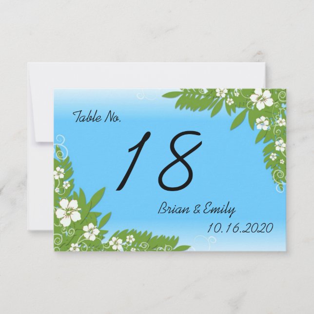 Custom blue hibiscus wedding table cards (Front)