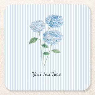 Custom Blue Hydrangea Flower Painting Blue Stripe Square Paper Coaster