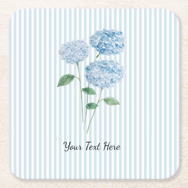 Custom Blue Hydrangea Flower Painting Blue Stripe Square Paper Coaster (Front)
