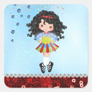 Custom Blue Irish Dance Dark Hair Girl Rhinestone Square Sticker