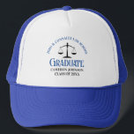 Custom Blue Law School Graduation Commemorative Trucker Hat<br><div class="desc">This blue custom law school graduation hat gift features modern typography for a class of 2024 graduate. Customise with your graduating year under the scales of justice for a great personalised lawyer keepsake cap for a graduating attorney.</div>