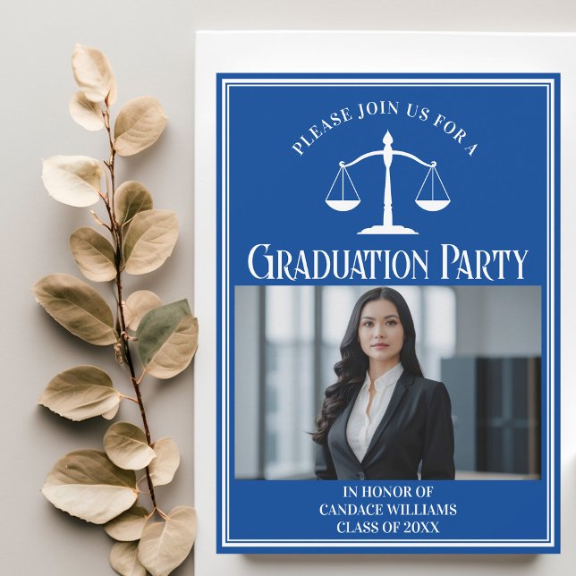 Custom Blue Law School Graduation Photo Party Invitation (Creator Uploaded)