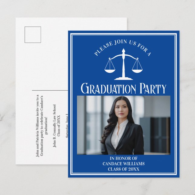 Custom Blue Law School Graduation Photo Party Invitation Postcard (Front/Back)