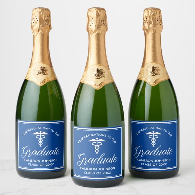Custom Blue Medical School Graduation Party Sparkling Wine Label (Bottles)