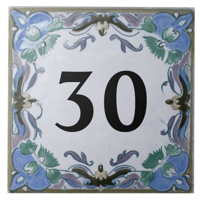 Custom Blue Mediterranean House Number Sign Plaque Tile (Front)
