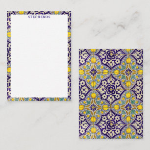 Custom Blue Mediterranean Pattern Yellow Blossoms  Card