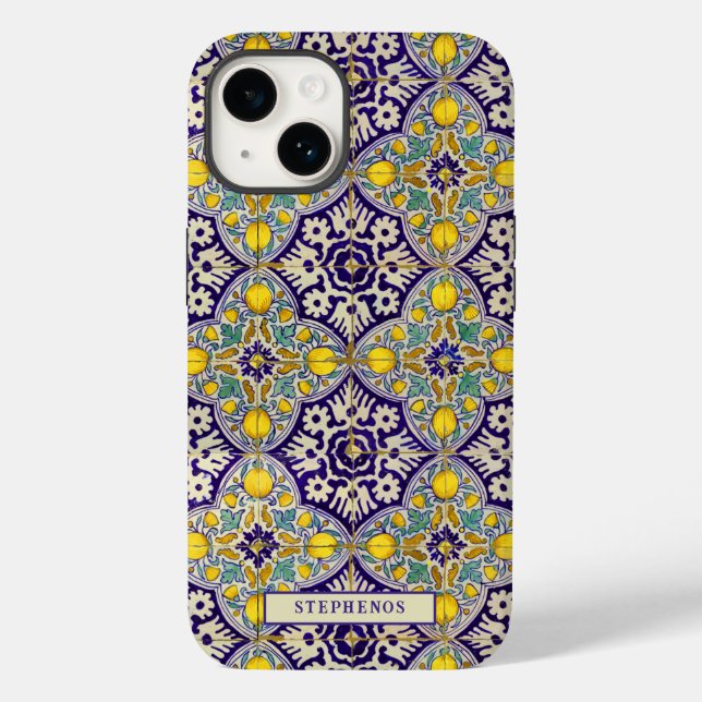 Custom Blue Mediterranean Pattern Yellow Blossoms Case-Mate iPhone Case (Back)