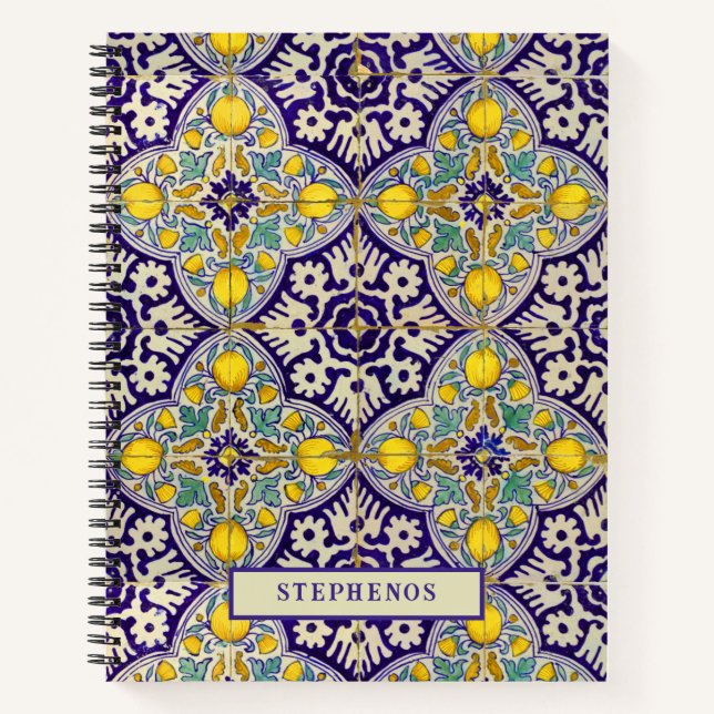 Custom Blue Mediterranean Pattern Yellow Blossoms Notebook (Front)