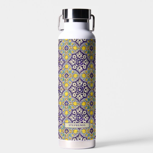 Custom Blue Mediterranean Pattern Yellow Blossoms Water Bottle (Front)